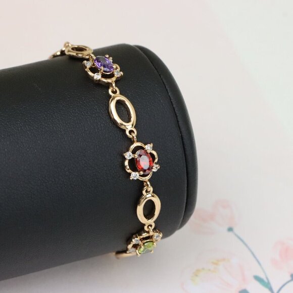 "Elegant Multicolor Oval Link Rose Gold Bracelet with Gemstones, XPBL1019 - Picture 1 of 11